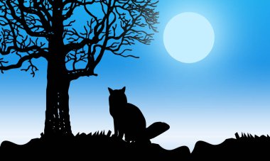 Ay 'ın tadını çıkaran bir kayanın üzerinde oturan bir kedinin silüeti. resimleme karakteri