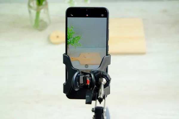 Smartphone Attached Tripod Holder Table Preparation Digital Content Creation — Stock Photo, Image