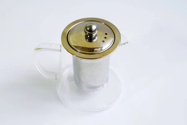 Empty Transparent Glass Teapot Original Handle Isolated White Background — Stock Photo, Image