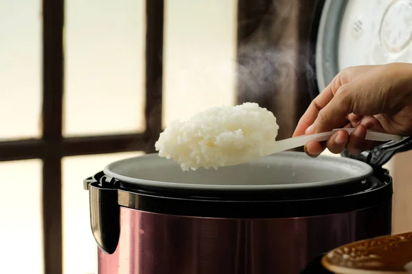 White rice is spooned with steam from an electric rice cooker. hot food concept