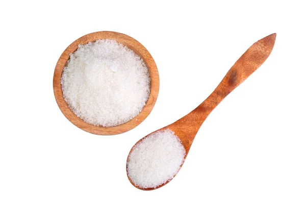 Zucchero Semolato Con Ciotola Legno Cucchiaio Fondo Bianco — Foto Stock