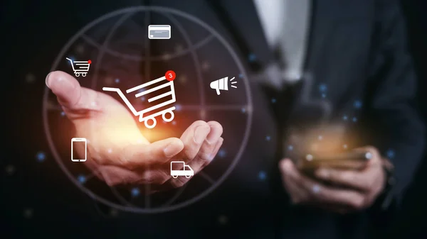 El ele alışveriş arabası ve iş ikonları, çevrimiçi alışveriş, e-ticaret iş teslimatı, küresel internet alışverişi, dünya çapında internet hizmetleri.