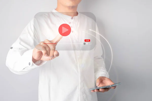 Businessman Pressing Play Button Start Watching Online Live Streaming Video — Stock Photo, Image