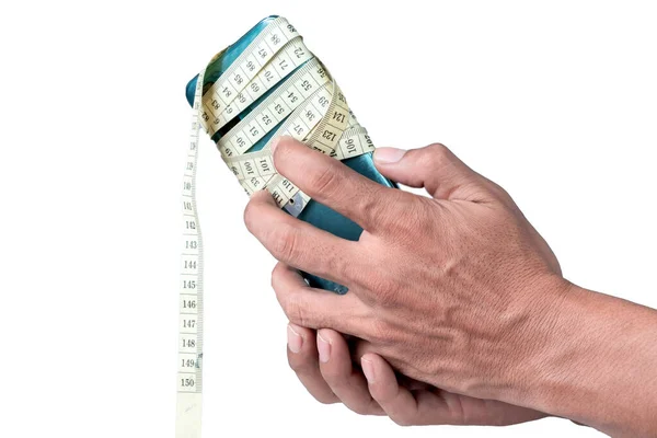 Male Hand Holding Cellphone Wrapped Measuring Tape Isolated White Background — Stock Photo, Image