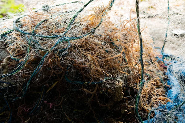 漁港の桟橋にある漁網と海苔の山 — ストック写真