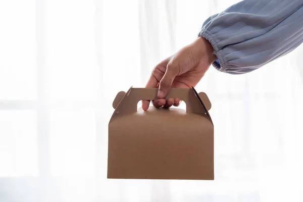Female Hand Holding Recyclable Food Box White Background Mock Ups — Stock Photo, Image
