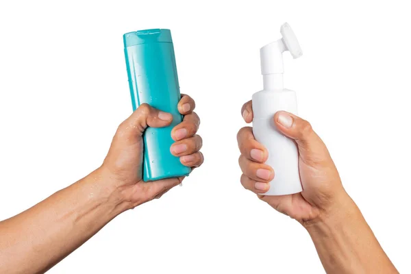 Bottiglie Shampoo Sapone Nelle Mani Degli Uomini Isolate Sfondo Bianco — Foto Stock