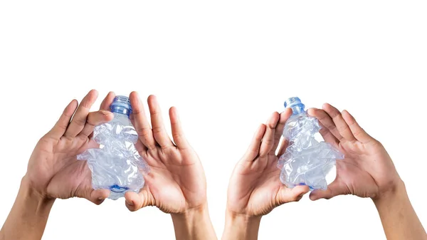 Zgniecione Plastikowe Butelki Męskich Rękach Odizolowane Białym Tle Śmieci Nadające — Zdjęcie stockowe