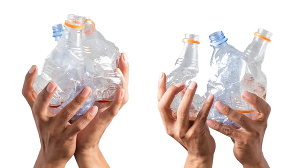 Botol Plastik Limbah Kusut Tangan Laki Laki Terisolasi Dengan Latar — Stok Foto