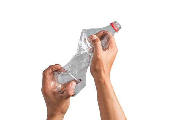 Crumpled Waste Plastic Bottles Male Hands Isolated White Background Recyclable — Stock Photo, Image
