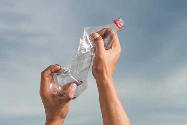 Crumpled Waste Plastic Bottles Male Hands Recyclable Trash — Stock Photo, Image