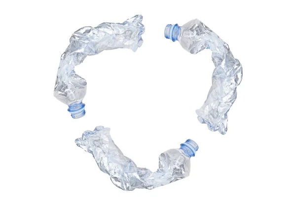 Recycle Symbol Crumpled Waste Plastic Bottles Isolated White Background — Stok Foto