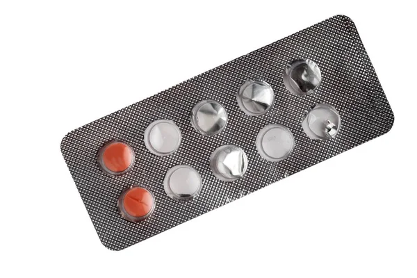 Diverse Compresse Farmaci Pillole Blister Isolati Sfondo Bianco Macro Messa — Foto Stock