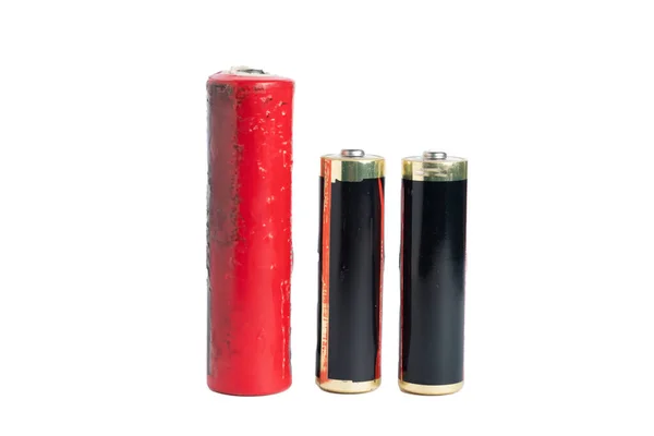Different Alkaline Batteries Standing White Surface Macro Shot — Stock Photo, Image