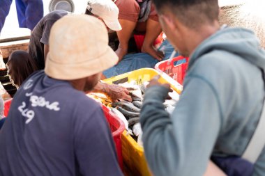 Balıkçılar sepetlerde balık ayıklıyor. Endonezya 'daki balık müzayedesinde satılık taze balık sepetleri içinde taze balık.