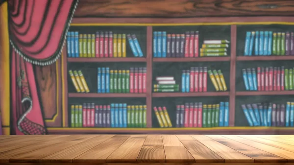 Empty wooden table with blurred bookshelf background in library. The empty space can be used for montage or product and advertising display designs