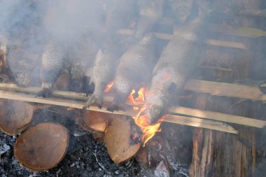 Bazı balıklar, kampta yanan ateşin kömürlerinin üzerinde kızartılıyordu.
