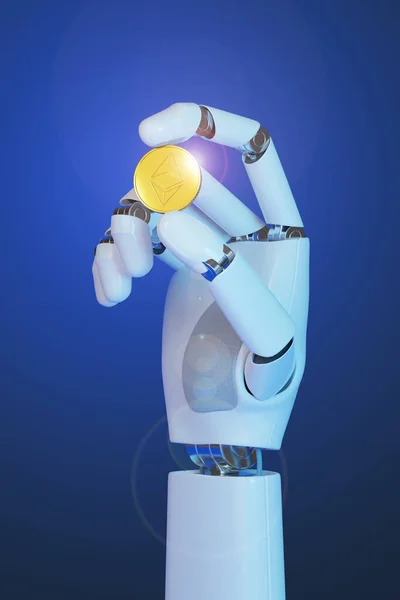 Mão Robótica Segurando Uma Moeda Éter Fundo Azul Ilustração — Fotografia de Stock