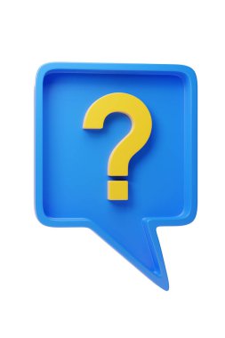 Beyaz arka planda sarı soru işareti olan mavi konuşma balonu. 3d illüstrasyon.