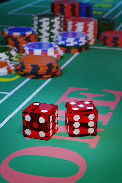 クラップステーブルの上でダイスのペアを閉じます 選択的焦点ギャンブルの概念 3Dイラスト — ストック写真