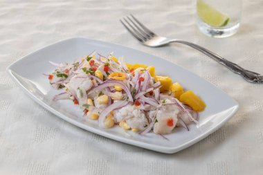 Ceviche, beyaz arka planda dikdörtgen bir tabakta sunulan tipik Peru mutfağı tabağı..