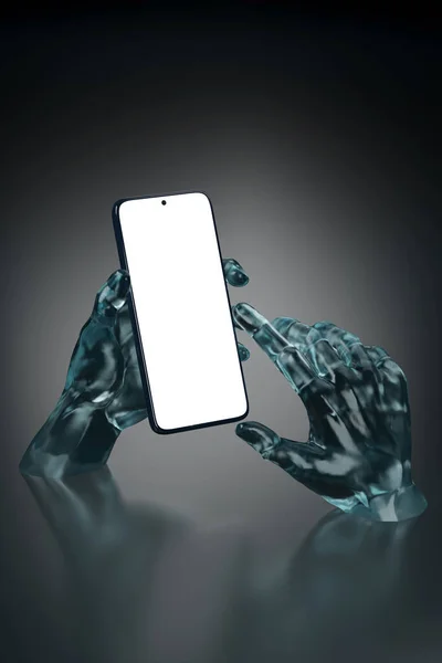 Glass hands sculpture holding a mobile phone with a blank screen. 3d illustration.