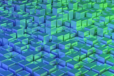 Yeşil ve mavi dörtgen prizmalar. Geometrik arkaplan. 3d illüstrasyon.