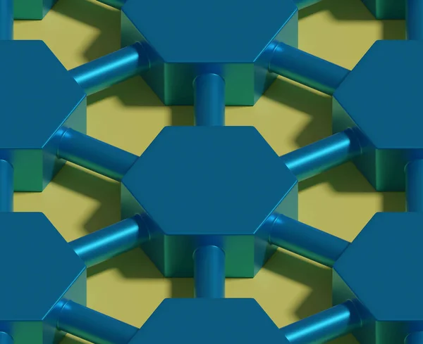 パイプのシームレスなパターンによって相互接続された青い六角形プリズム アイソメトリックバックグラウンド 3Dイラスト — ストック写真