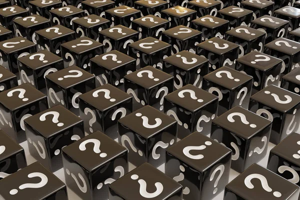Black dice with question marks on their faces. Background. 3d illustration.