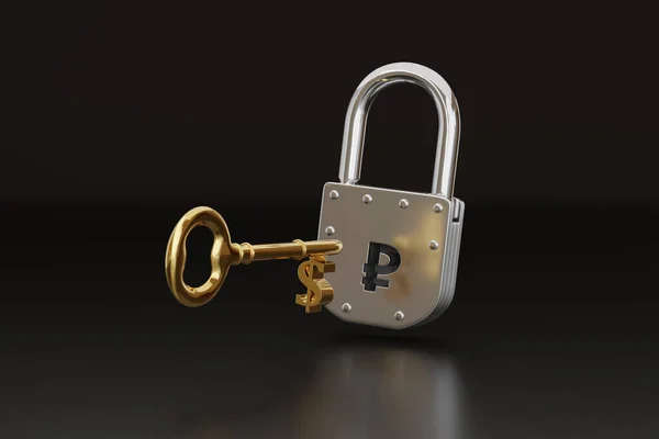 钥匙的美元符号试图打开锁与卢布符号 3D说明 — 图库照片