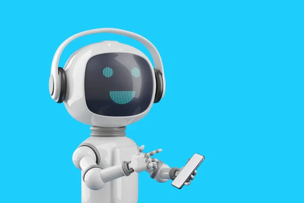 Friendly cartoon style chat robot with mobile phone. 3d illustration.