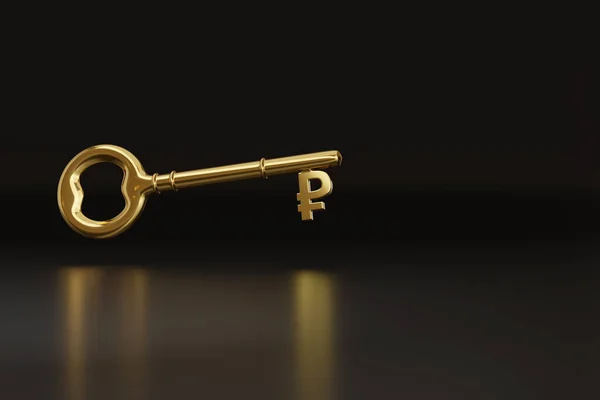 金钥匙和带有复制空间的卢布标志 3D说明 — 图库照片