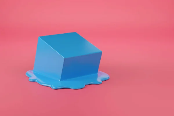 Μπλε Κύβος Λιώνει Ροζ Φόντο Εικονογράφηση — Φωτογραφία Αρχείου