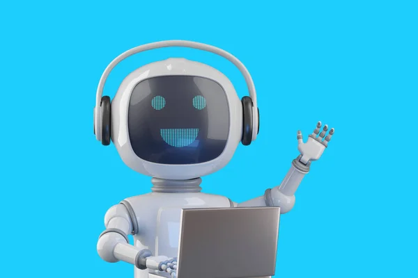 Barátságos Rajzfilm Stílusú Chat Robot Laptop Integetett Hello Illusztráció — Stock Fotó