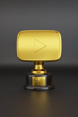 Buenos Aires, Arjantin - 9 Nisan 2023: koyu arkaplanda Youtube logotype ile altın trothy. 3d illüstrasyon.