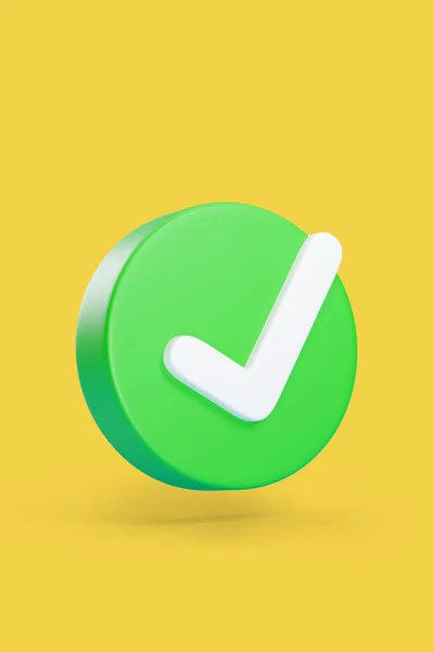 Green check mark button isolated on yellow background. 3d illustration.