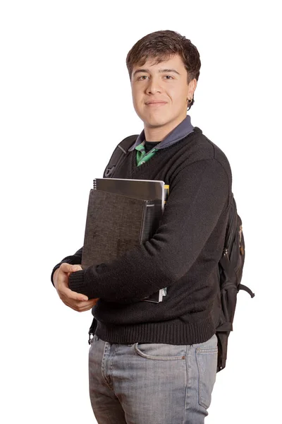 Portrait Young Student Books Backpack Isolated White Background — Stock Photo, Image