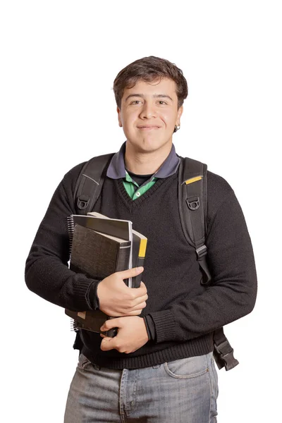 Porträt Einer Studentin Mit Büchern Und Rucksack Auf Weißem Hintergrund — Stockfoto