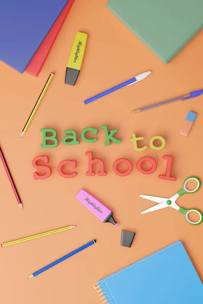 Okula Dönüş Adlı Boyutlu Metin Turuncu Arka Planda Okul Malzemeleriyle — Stok fotoğraf