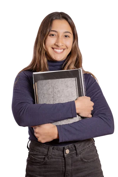 Porträt Eines Lächelnden Lateinischen Mädchens Mit Büchern Auf Weißem Hintergrund — Stockfoto
