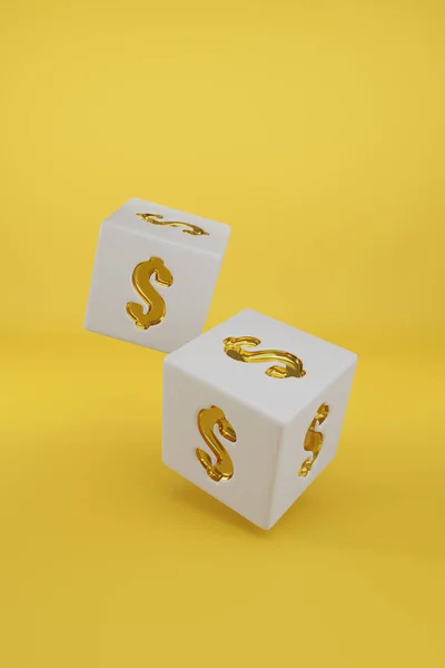 Twee Dobbelstenen Met Gouden Dollartekens Geïsoleerd Gele Achtergrond Illustratie — Stockfoto
