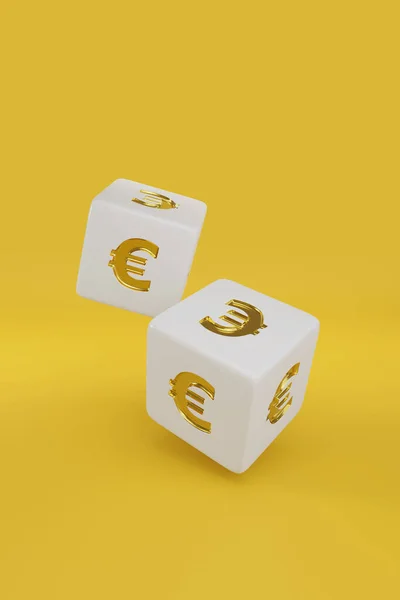 黄色の背景に黄金のユーロのサインが付いている2つのサイコロ 3Dイラスト — ストック写真