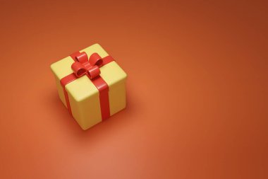 Çizgi film stili fiyonklu hediye kutusu ve fotokopi alanı. 3d illüstrasyon.