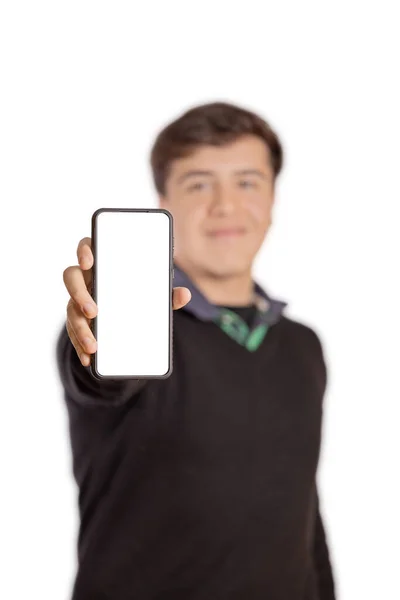 Хлопчик Показує Екран Свого Мобільного Телефону Ізольовано Білому Тлі Вибірковий — стокове фото