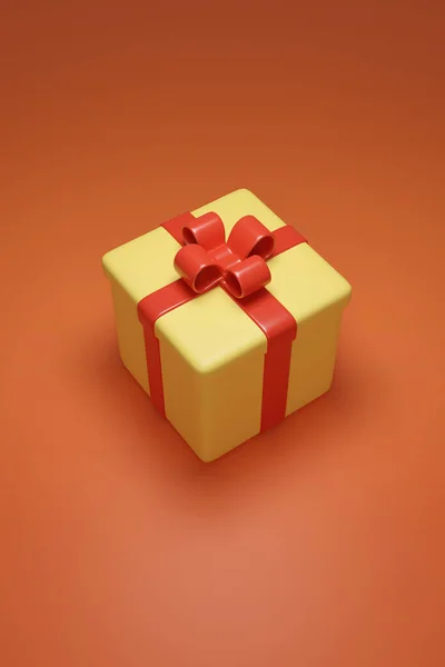 Gift box with cartoon style bow isolated on orange background. 3d illustration.