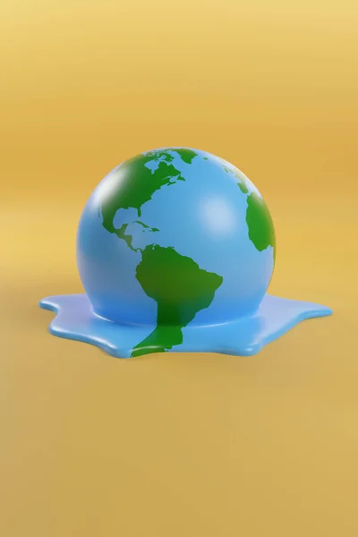 Planet earth melting isolated on yellow background. Global warming concept. 3d illustration.