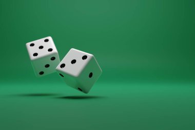 Yeşil arkaplanda fotokopi alanı olan iki zarın yakın görüntüsü. 3d illüstrasyon.