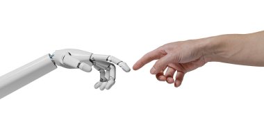 İnsan eli robot ele dokunuyor. Beyaz arka planda izole edilmiş 