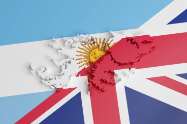 Arjantin ve İngiliz bayraklarının renkleriyle Falkland Adaları 'nın üç boyutlu haritası. 3d illüstrasyon.
