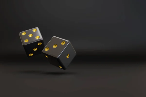 两个带有金点的黑色骰子漂浮在复制空间中 3D说明 — 图库照片